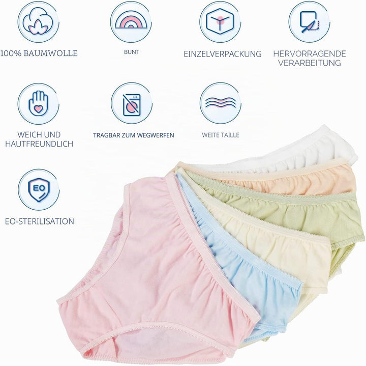 Travelcare Einwegunterwäsche für Damen Reisen Bunte Baumwollslips Individuell verpackte 100% Baumwol