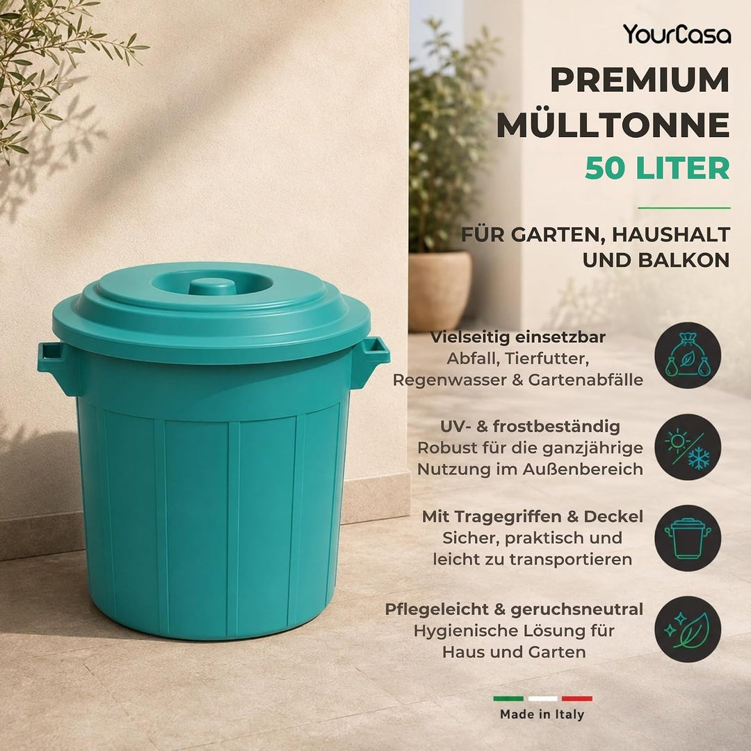 YourCasa Mülltonne 50L - Mülleimer mit Deckel verschliessbar - Tonne mit Trageriffen für Garten - Fu