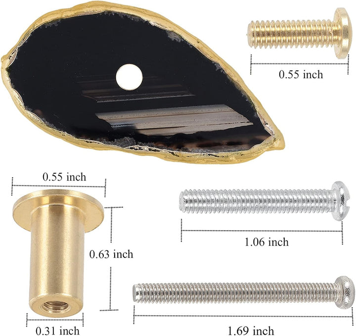 KYEYGWO 4 Stück Schwarz Achat Scheiben Möbelknöpfe mit Schraube, Unregelmässig Messing Schubladenknö