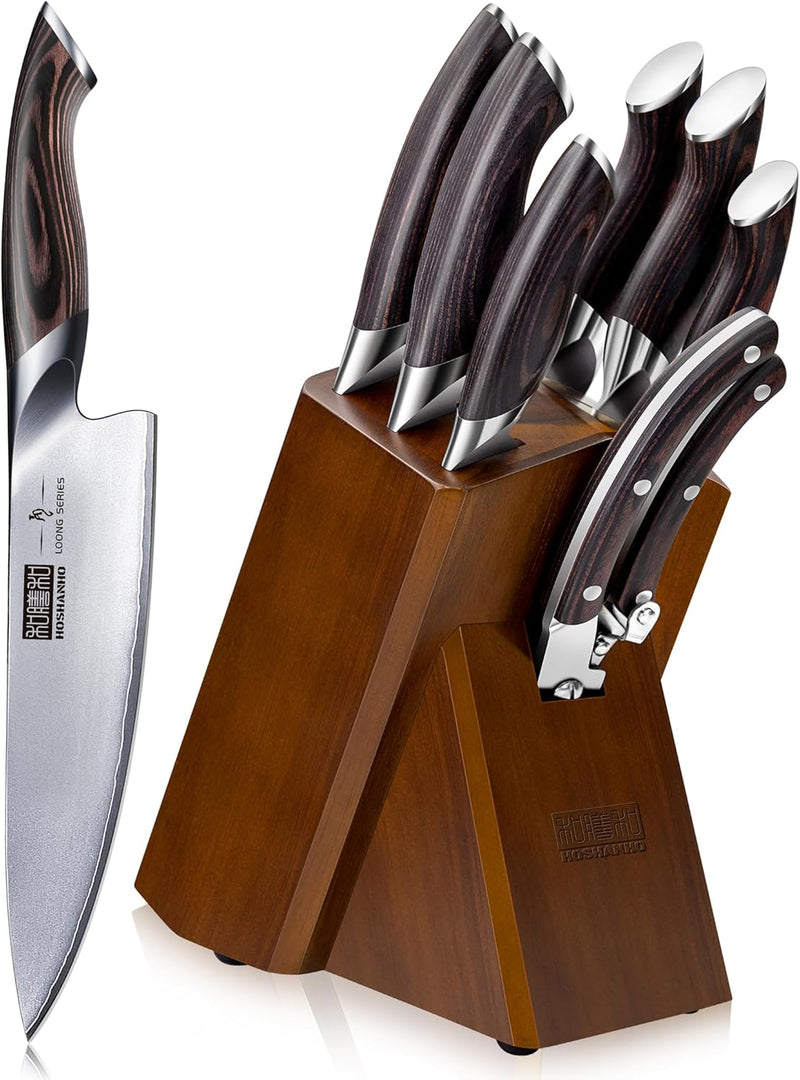 HOSHANHO Messerblock Set mit 8-TLG, Profi Messerset mit Holzblock, Scharf Edelstahl Küchenmesser Set