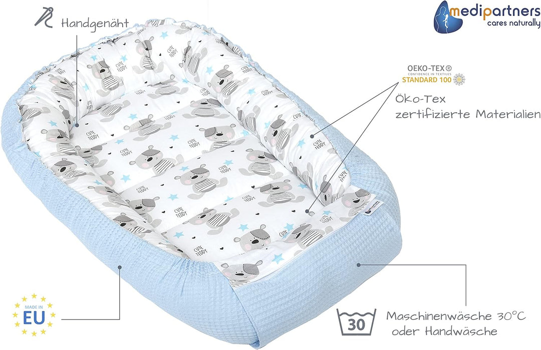 Medi Partners Babynest Kuschelnest Babynestchen 100% Baumwolle Waffle Nestchen Reisebett für Babys S