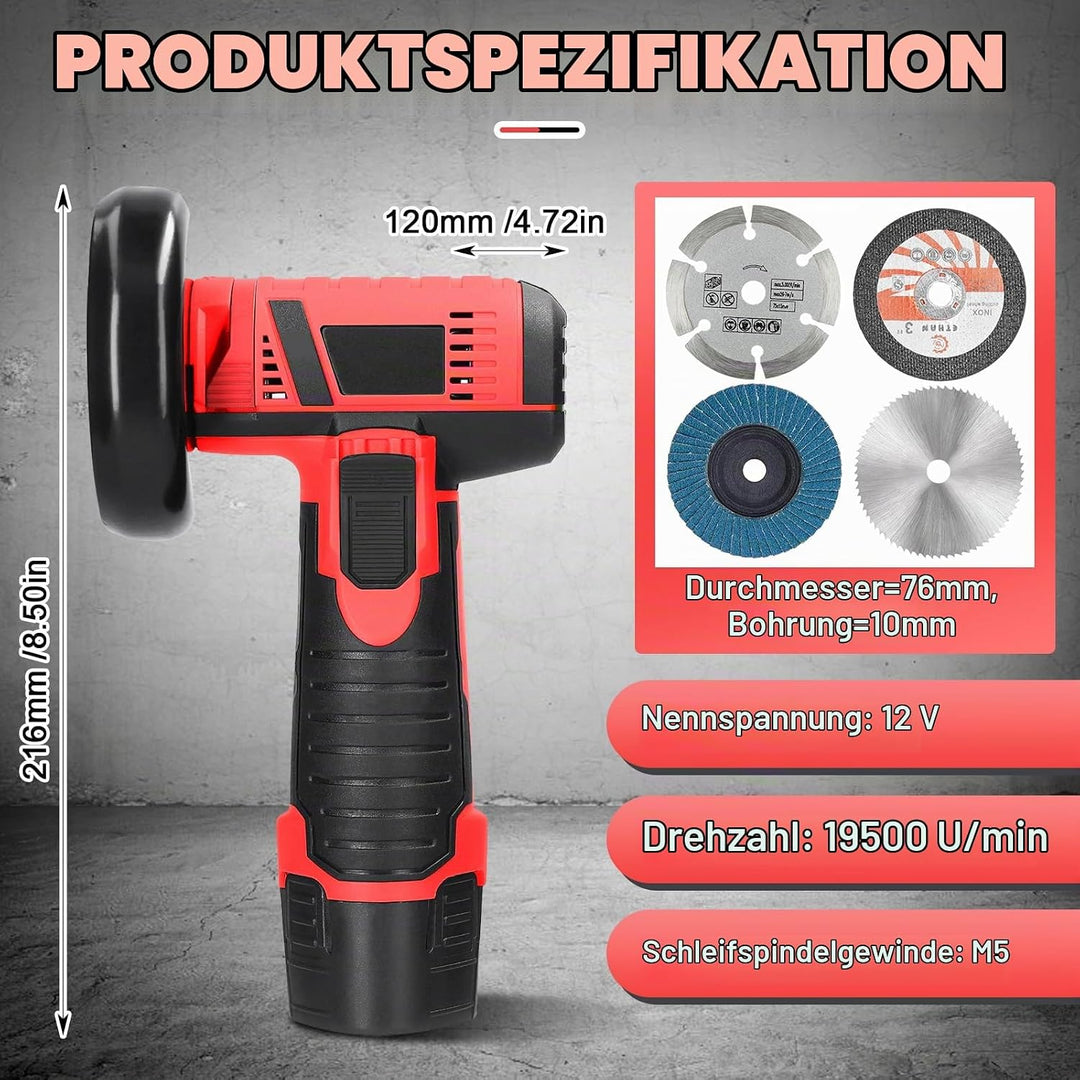 WingFly Mini Winkelschleifer, 12V Akku Winkelschleifer Set Mit 2 x 2000mAh Batterien, 19500rpm, 76mm