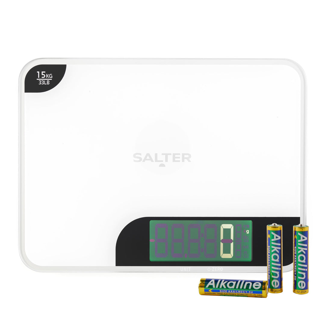 Salter Digitale Küchenwaage – LED-Display, leicht lesbar, Doppelfunktion, extra grosse Hochglanzplat