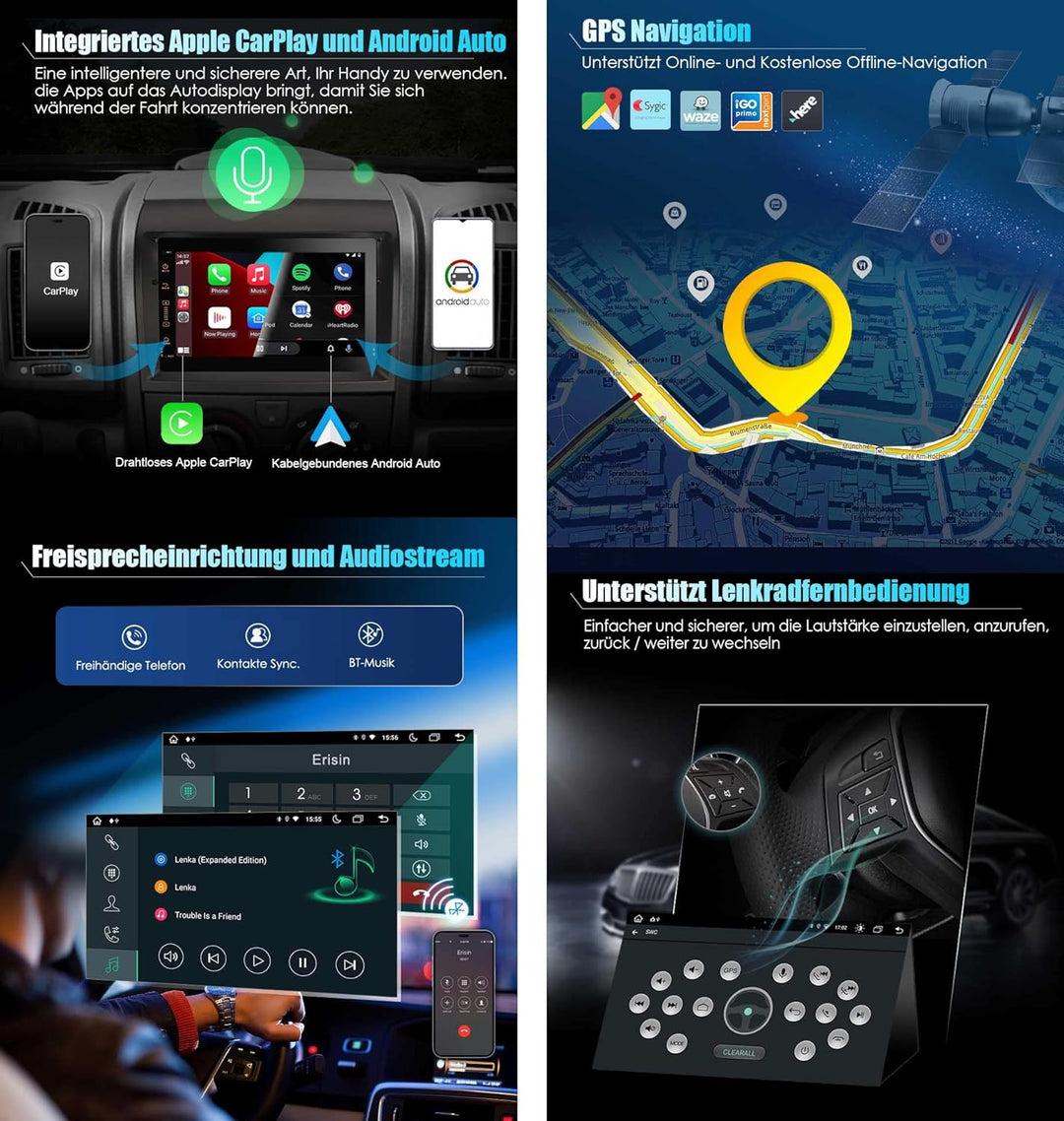 Erisin 8-Kern 4GB RAM 64GB ROM Android 11 Autoradio Bluetooth für FIAT Ducato Citroen Jumper Peugeot