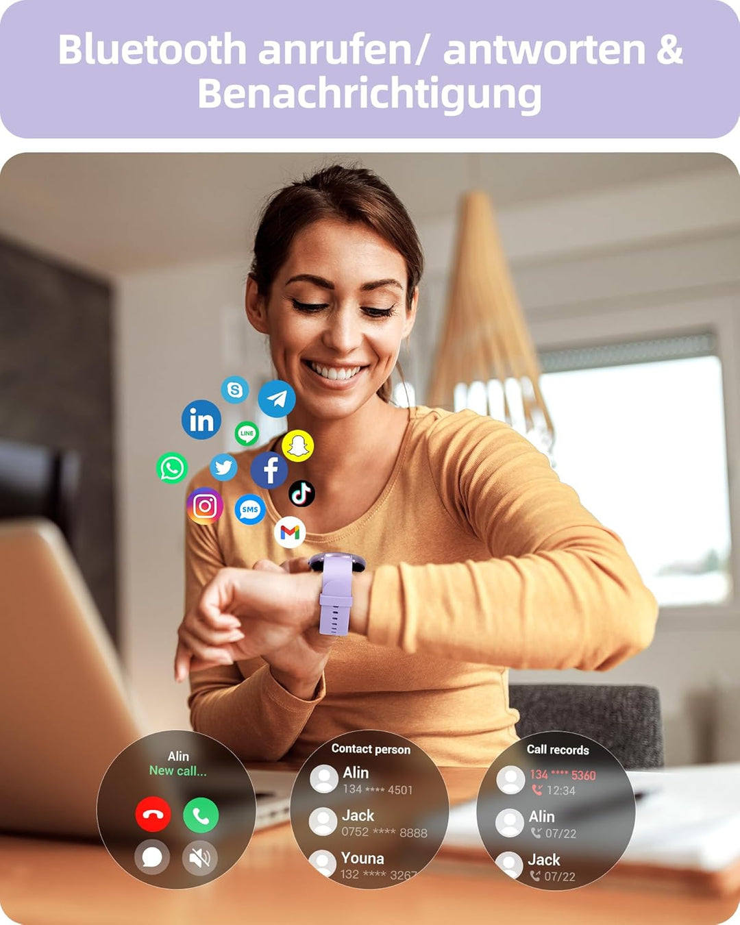 Parsonver Smartwatch Damen Rund mit Telefonfunktion, Armbanduhr Frauen mit Herzfrequenz Schlafmonito