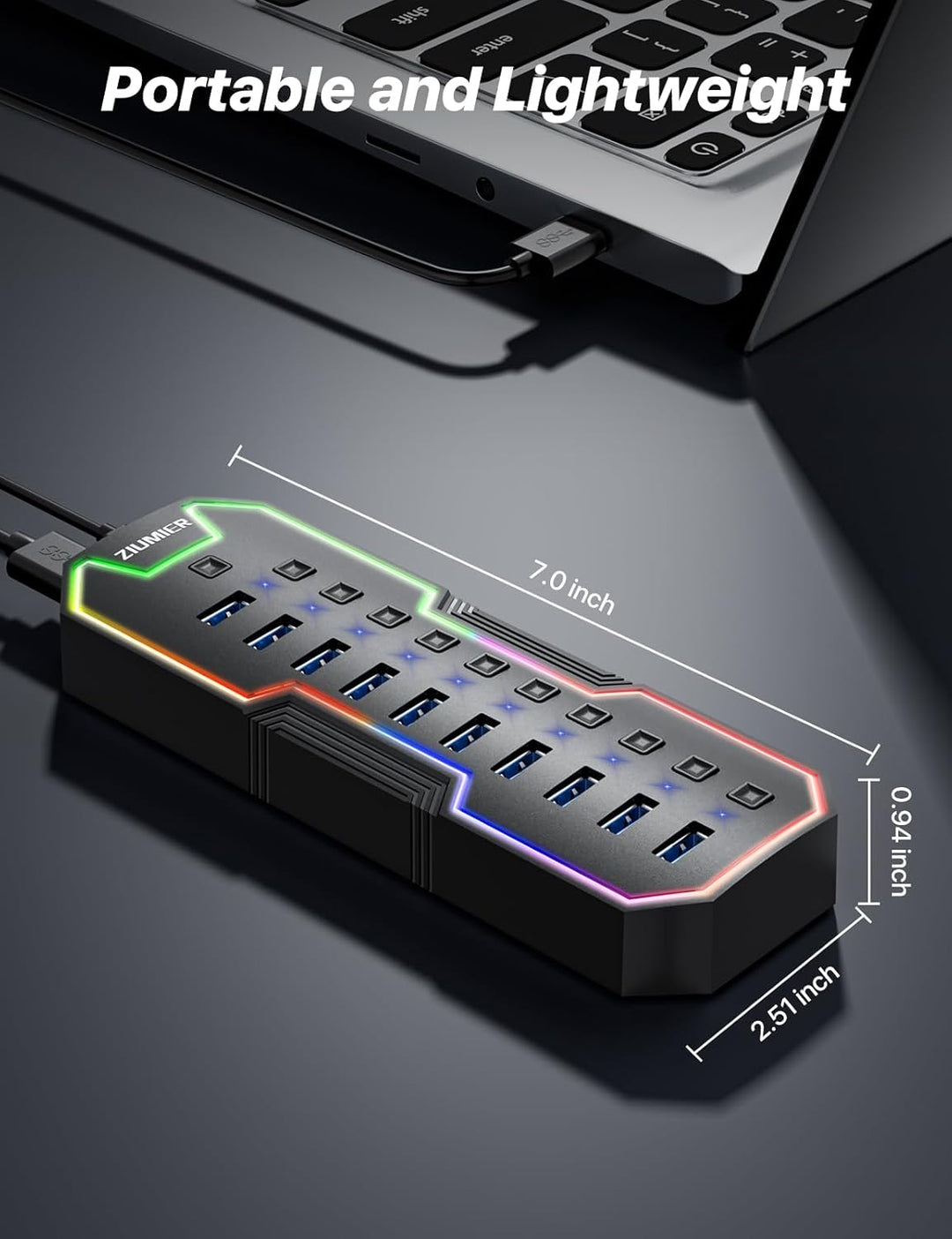 Powered USB Hub, 10 Ports USB 3.0 Hub mit RGB LED Strip und 12V/2A Power Adapter USB Erweiterung für