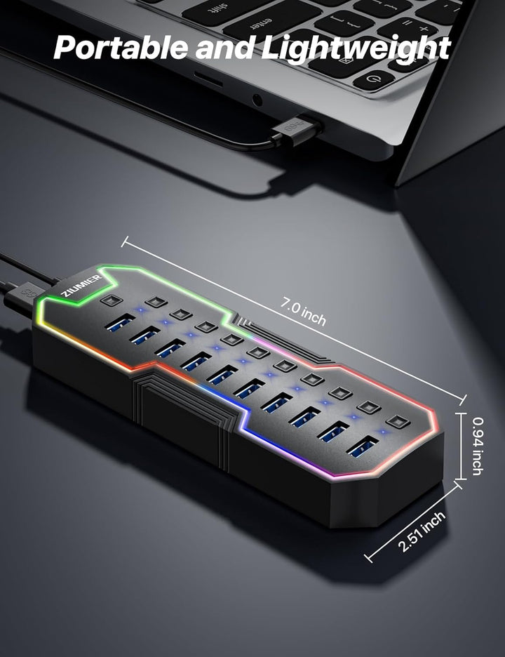 Powered USB Hub, 10 Ports USB 3.0 Hub mit RGB LED Strip und 12V/2A Power Adapter USB Erweiterung für