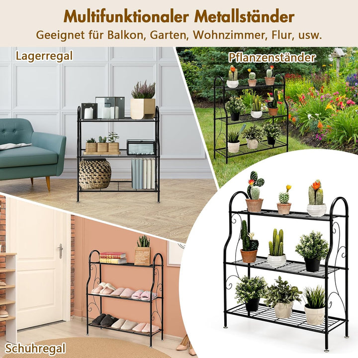 GOPLUS 3 Ebenen Metall Pflanzenständer, Blumentreppe Outdoor, Blumenregal Pflanzentreppe für Garten