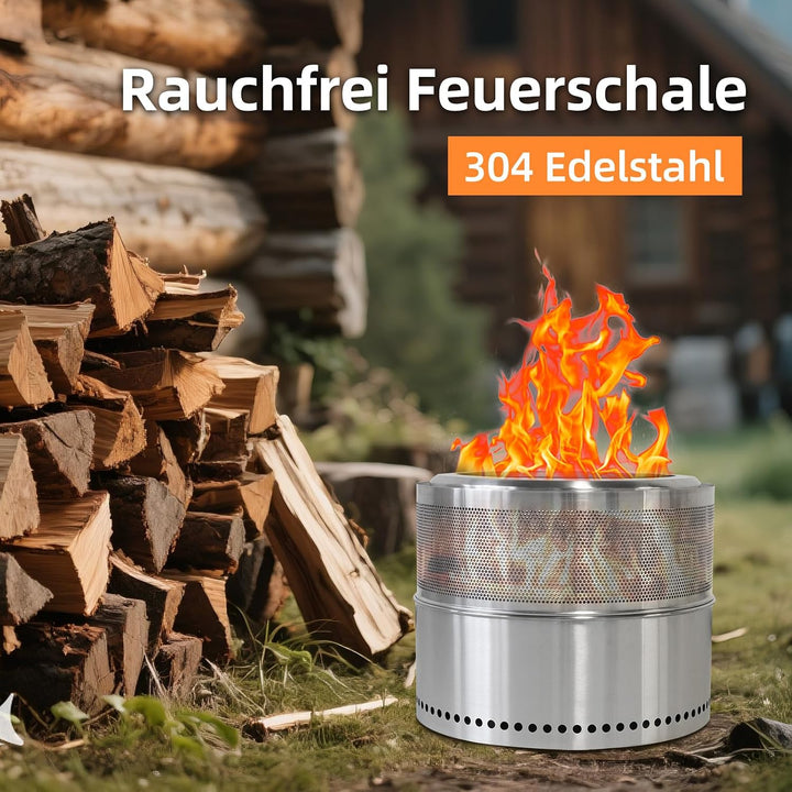 Feuerschale Edelstahl 50cm, Rauchfreie Feuerschale mit Grillrost, Aufbewahrungstasche, Abnehmbarer A