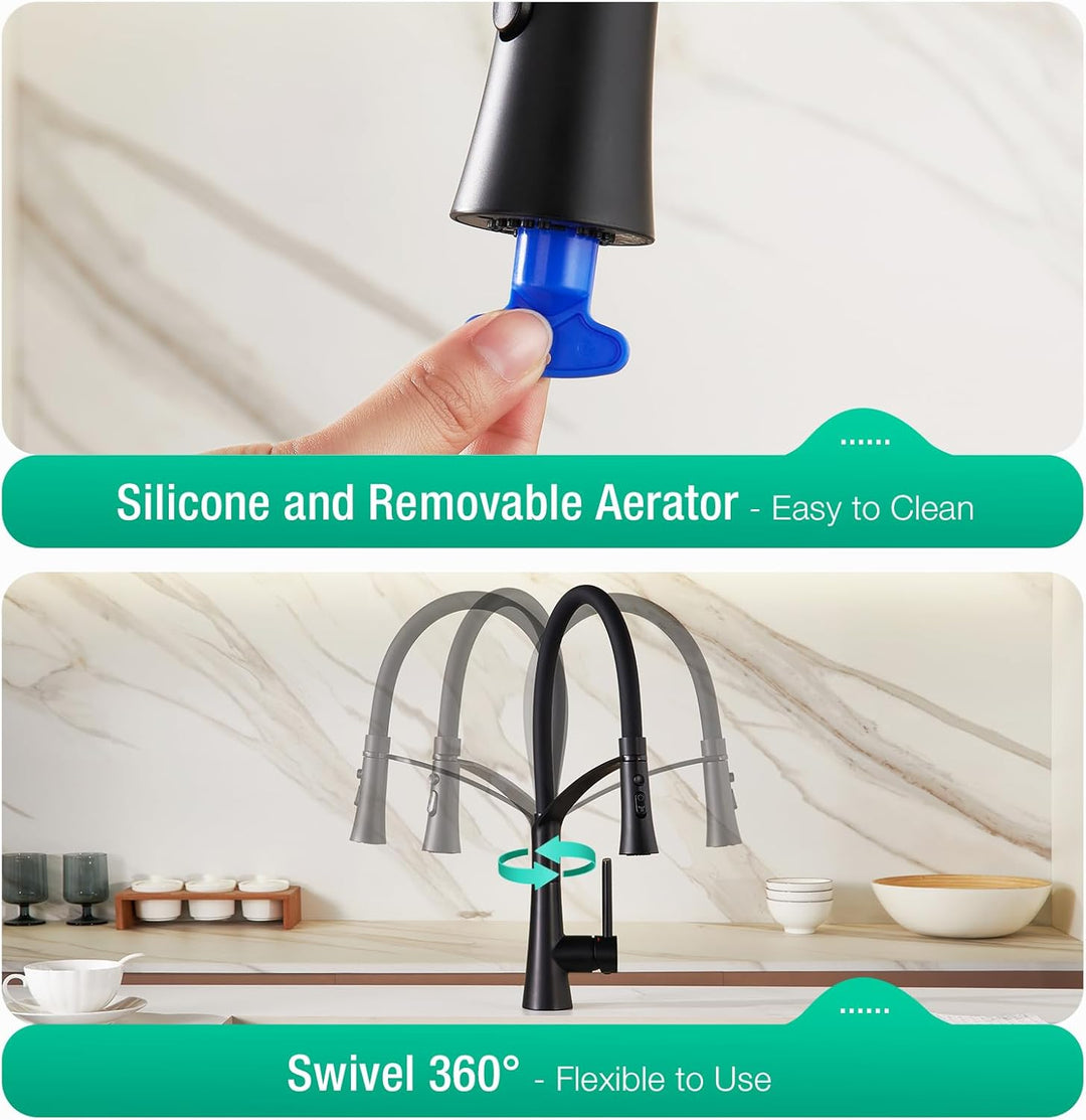 CREA Wasserhahn Küche mit 3 Funktionen Brause, Hochdruck Küchenarmatur mit Ausziehbarer Brause, 360°