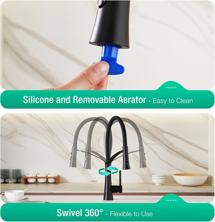 CREA Wasserhahn Küche mit 3 Funktionen Brause, Hochdruck Küchenarmatur mit Ausziehbarer Brause, 360°