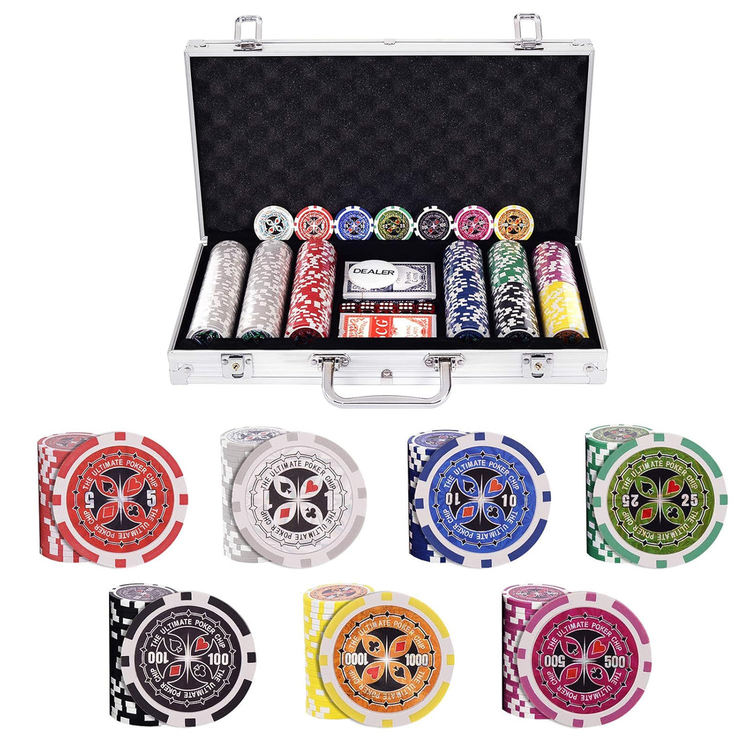 GOPLUS Pockerkoffer Pockerset 300 Chips Pockerchips Pocker Set mit Würfel Pokerkarten (Silber), Silb
