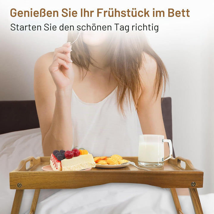 Utoplike Akazienholz Bett Tablett Tisch, grosses Frühstückstablett mit klappbaren Beinen, Serviertab