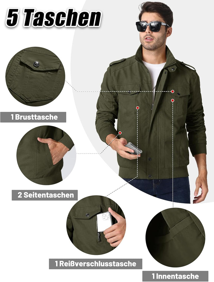 MAGCOMSEN Herren Übergangsjacke Cargo Outdoorjacke Winddicht Frühling Jacke Militär Armee Fliegerjac