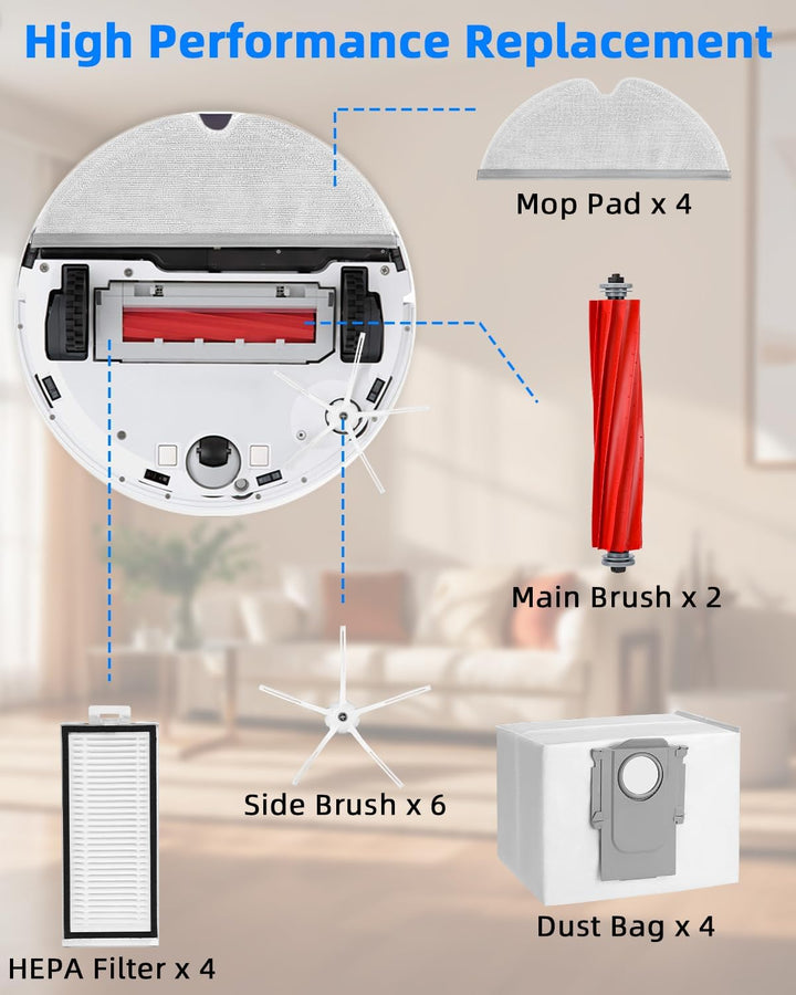 Zubehör für Roborock Q7/ Q7+/Q7 Max/Q7 Max+ Staubsauger, 2 Hauptbürste, 4 HEPA Filter, 6 Seitenbürst