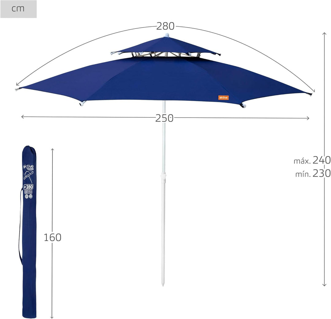 AKTIVE Strandschirm, winddicht, 280 cm, Marineblau, Polyestergewebe, UV30-Schutz, Metallstange, vers