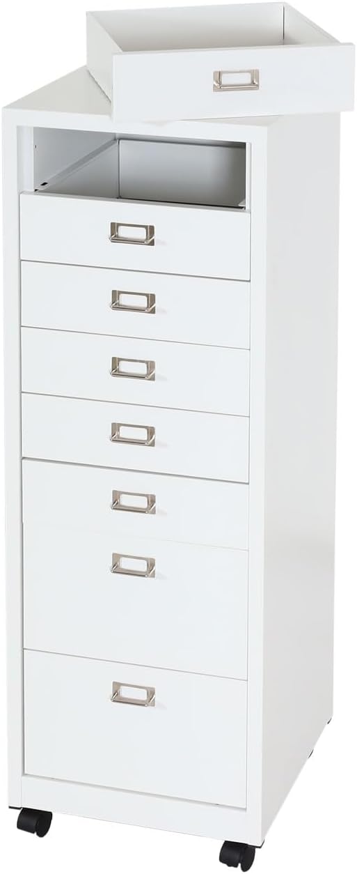 PROREGAL Rollcontainer, HxBxT 115x40x41 cm, Metall 8 Schubladen, Weiss, Schubladenschrank Stahlschra