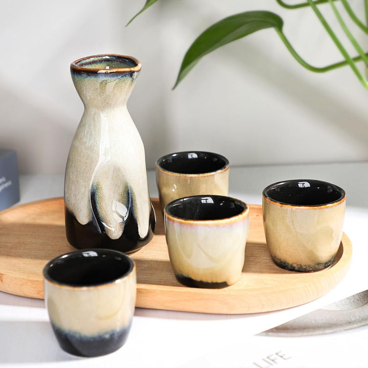 Keramik Sake Satz für Wärmeren Liquor Sake Set 1 Sake-topf mit 4 Sake Becher (Gelb Schwarz), Gelb Sc