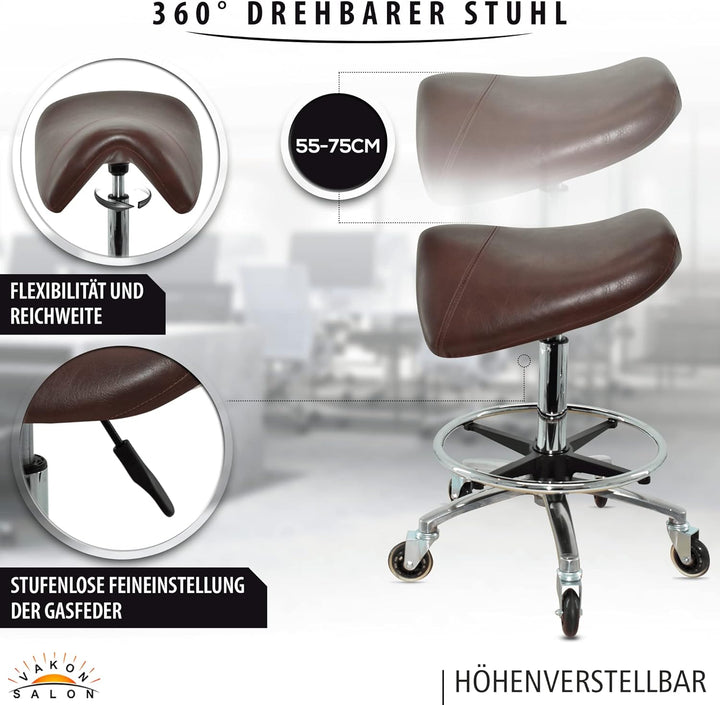 Premium Sattelhocker Braun, Sattelstuhl für Rückenentlastung, Rollhocker höhenverstellbar von 55-75