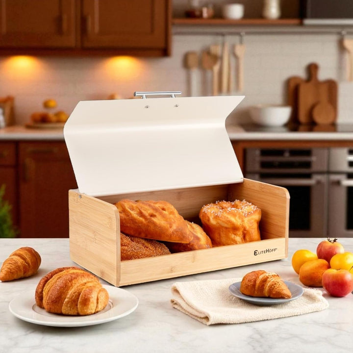 EliteHoff Brotkasten Bambus Metall, Brotbox Rechteckig ca. 36 x 20 x 14 cm, Brotbox mit Klappdeckel,