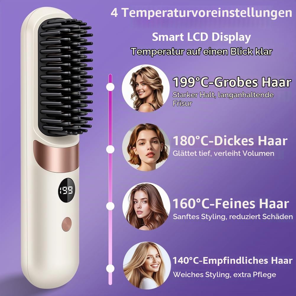 LOPHE Glättbürste, 2 in 1 Haarglätter Bürste mit LED Display, Hair Straightener Kabellos und Verbrüh