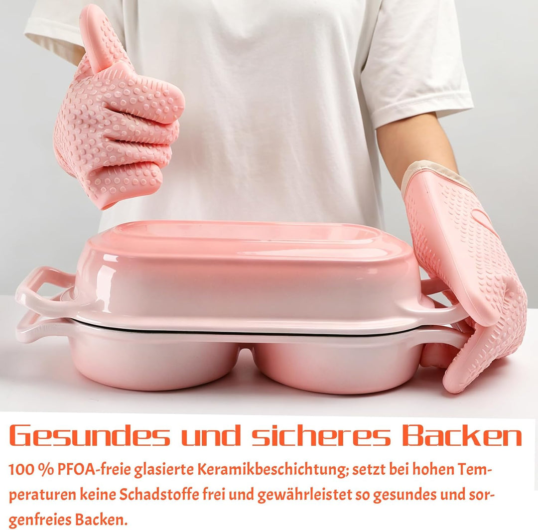 LINMAGCO Emaillierte Brotbackform aus Gusseisen, Brotbackform mit Deckel inkl, zwei runde Backfächer