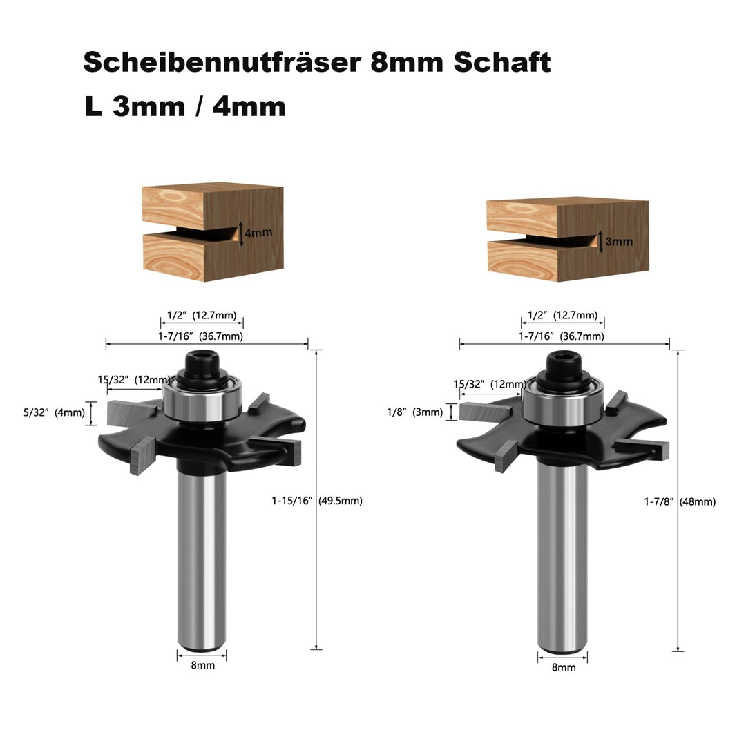 4 Stück Scheibennutfräser Fräser für Oberfräse 8mm Schaft, 36.7mm Schnittdurchmesser, 4-Zähne Hartme