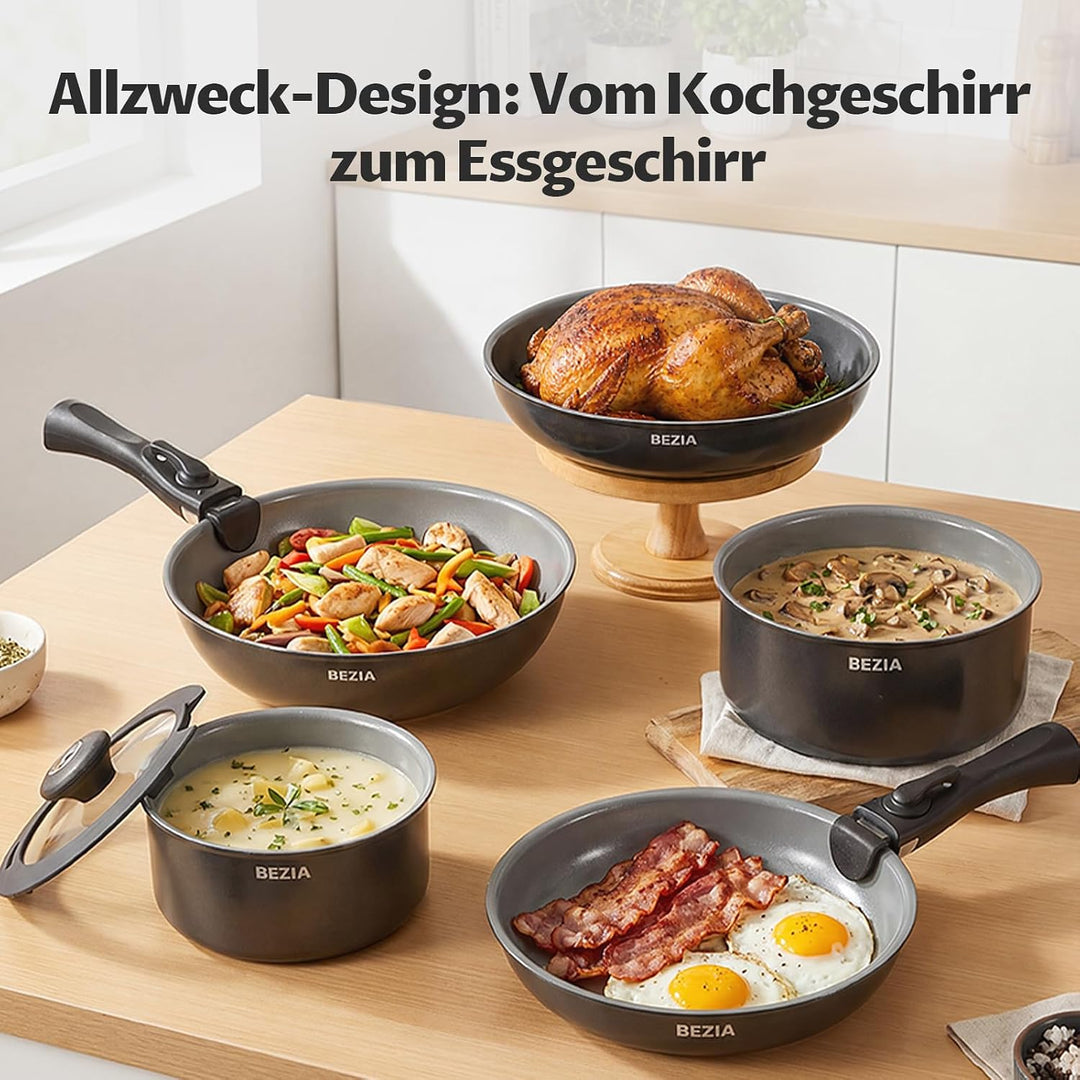 BEZIA Pfannenset mit abnehmbaren Griffen, Töpfe und Pfannen Set mit gesunder Keramikbeschichtung, In