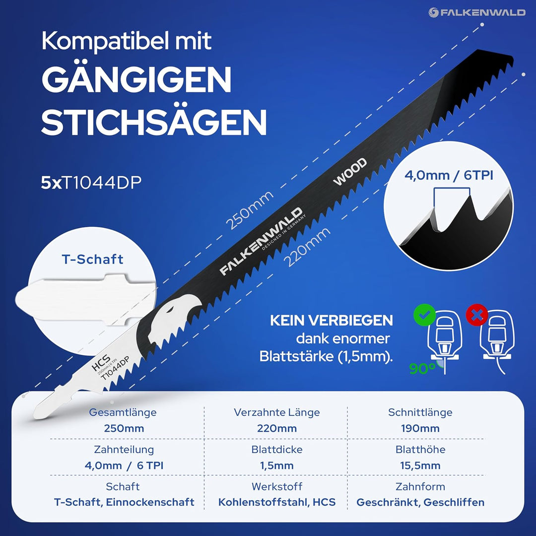 FALKENWALD® Stichsägeblätter Holz 5x T1044DP – Extra Lang 250 mm - Tiefe Schnitte bis 190 mm - T-Sch