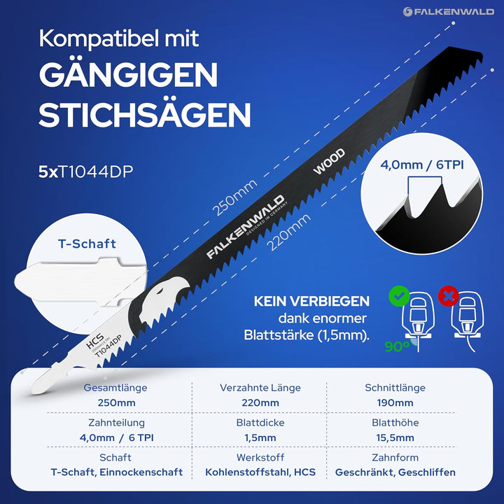 FALKENWALD® Stichsägeblätter Holz 5x T1044DP – Extra Lang 250 mm - Tiefe Schnitte bis 190 mm - T-Sch