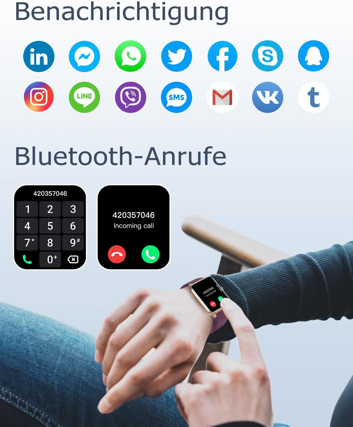 GRV Smartwatch für Damen Herren mit Telefonfunktion,Fitnessuhr mit Herzfrequenzmessung,SpO2,Schrittz