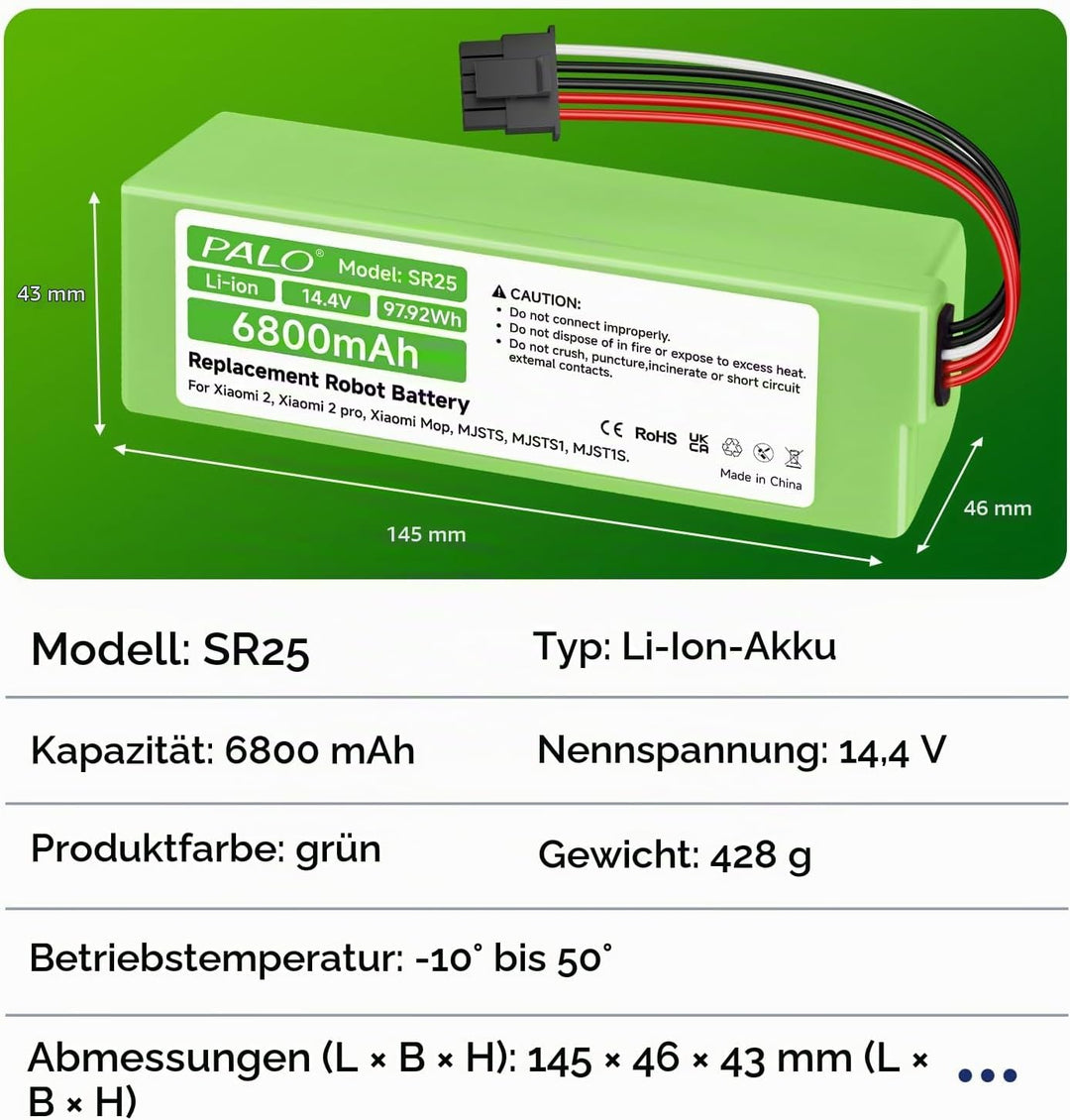 6800mAh Akku für Xiaomi Mi Robot Vacuum-Mop 2 Pro, D099-4S2P, MJSTS1, MJSTP, C101, S1-260-4S2P Robot