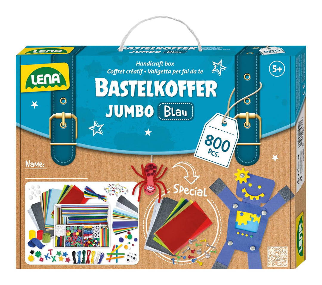 Lena 42665 Bastelkoffer mit 800 Teile Farben, Material zum Basteln, mit Moosgummi, Buntpapier, Pompo
