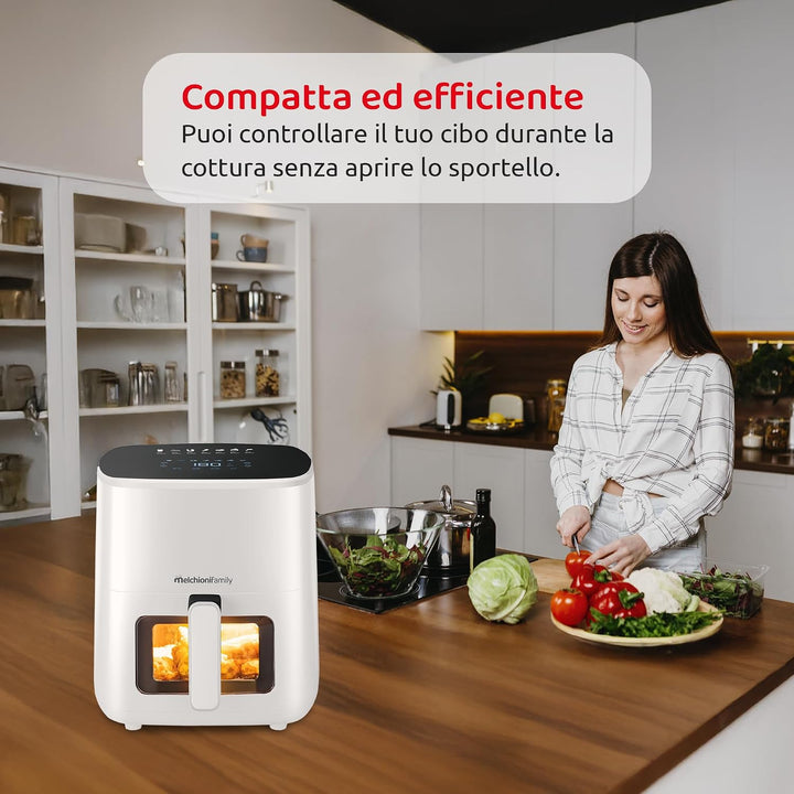 Melchioni Family Marianna New Luftfritteuse, 5 l, kompakt, mit Antihaft-Behälter, Touch-Display, 7 P