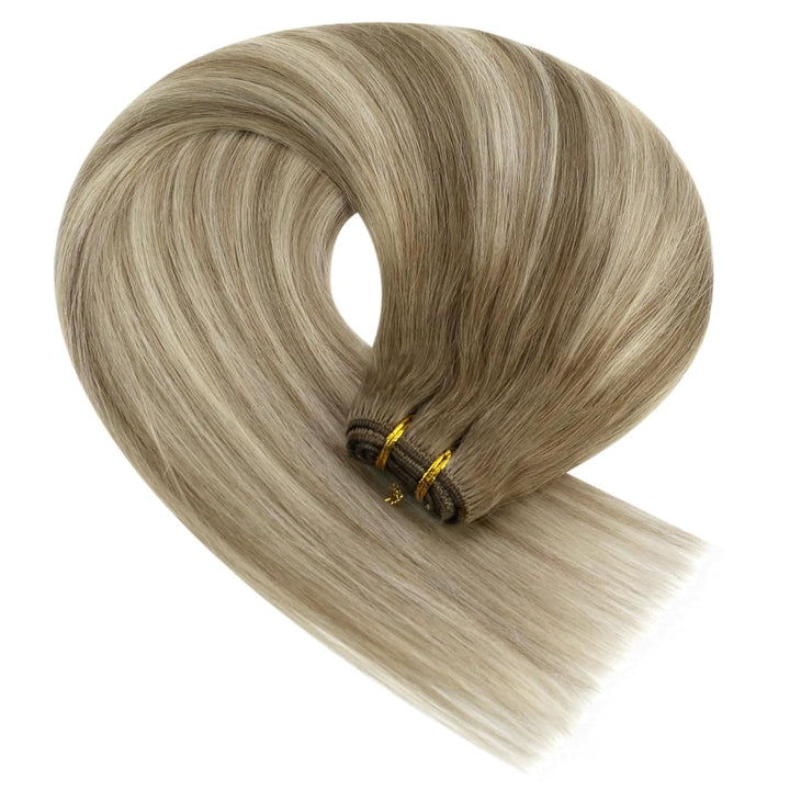 YoungSee Echthaar Tressen zum Einnahen Ombre Tressen Echthaar Braun Ombre Blond Weft Extensions Echt