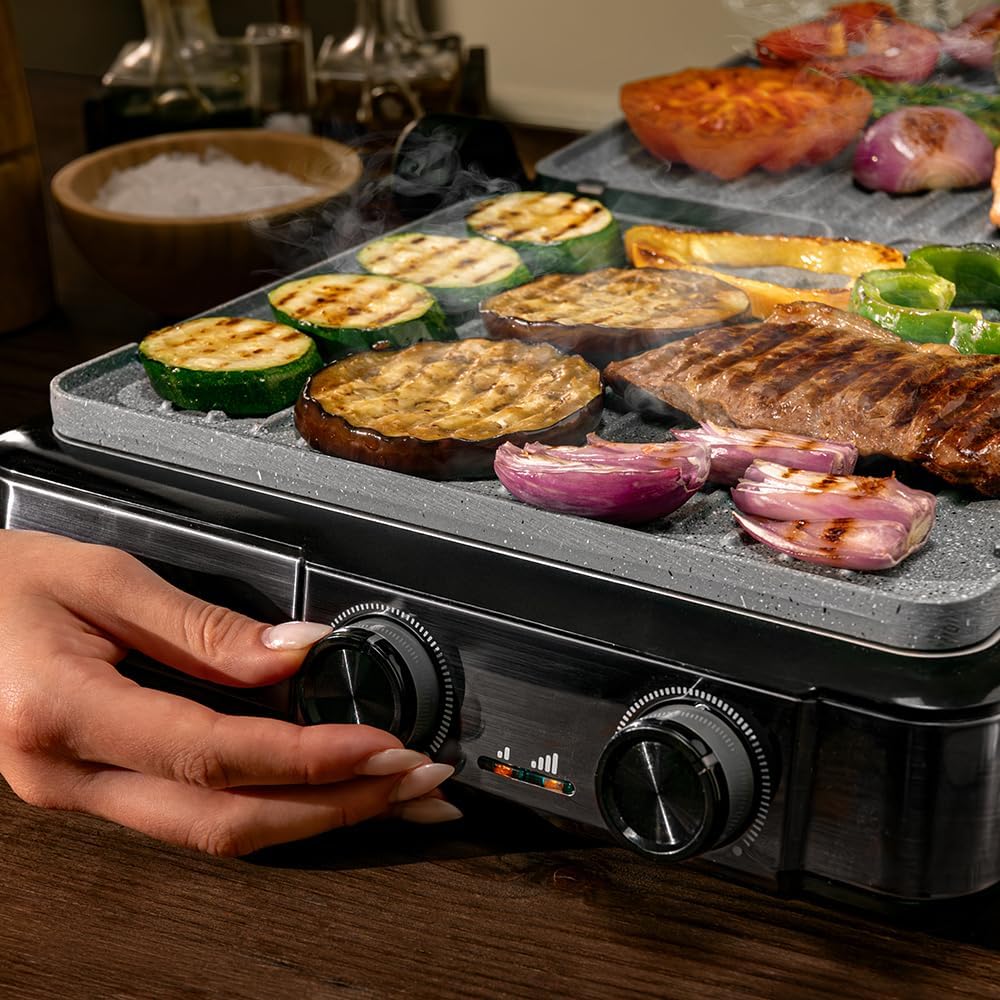 Cecotec Rock'nGrill 2200 Dual-Elektrogrill mit Grill, 2200 W, Öffnung 180°, Dual Temp, RockStone, An