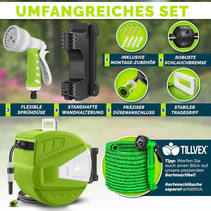 tillvex Schlauchtrommel Wasser mit Wandhalterung + Tragegriff | Schlauchaufroller mit Handbrause und