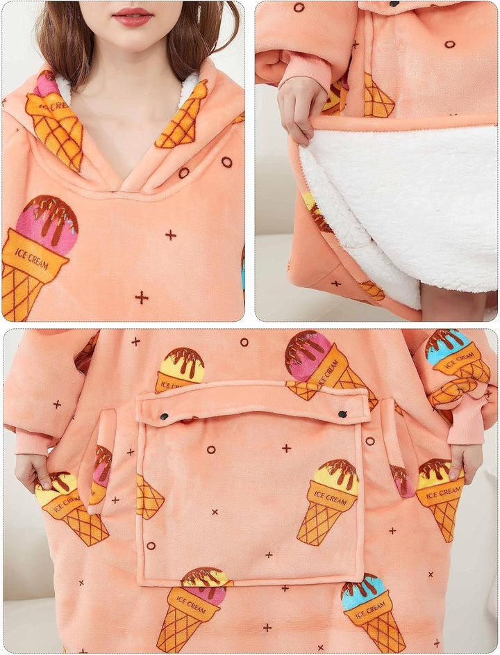 KFUBUO Tragbare Decke Hoodie für Erwachsene Sherpa Alle Muster Eiscreme Übergrosse Sweatshirt Decke