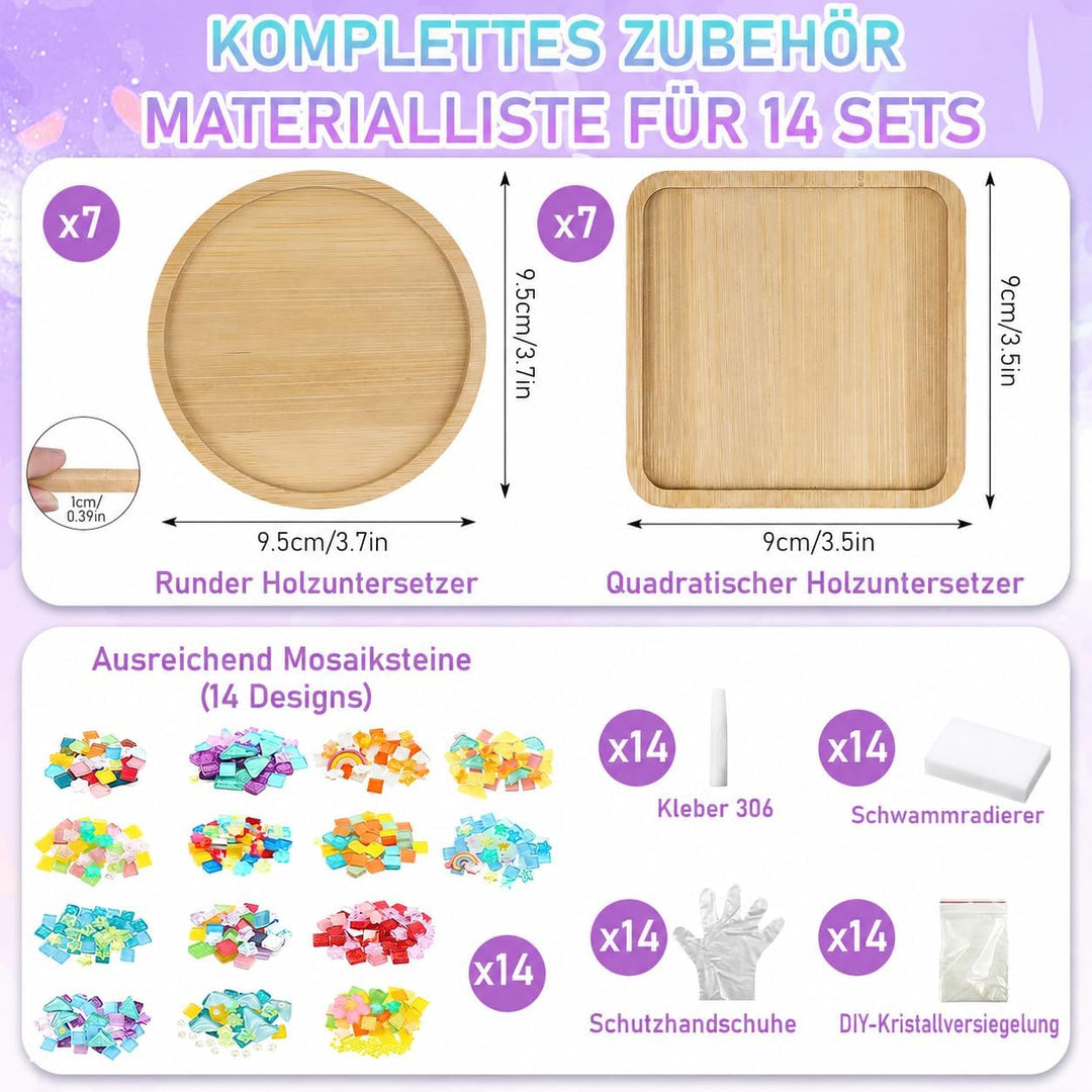 OGMBI 14er Set Mosaik Bastelset Untersetzer, DIY Mosaiksteine Untersetzer Set Mit Glasfliesen & Holz