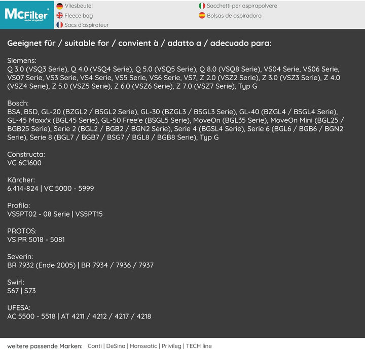 McFilter | 20 Staubsaugerbeutel passend für Siemens Baureihe VS06 synchropower und Baureihe VS08 Sta