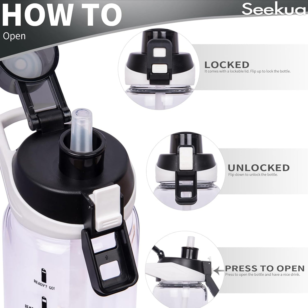 Seekua 0.6l Sport Trinkflasche Glas Flasche mit Strohhalm & Zeitmarkierung für Kinder, Schule 600ml