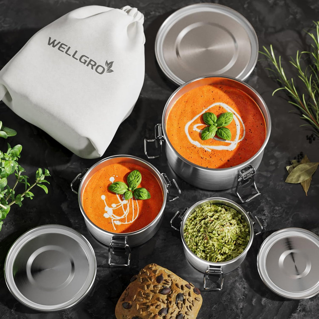 WELLGRO Edelstahl Dosen Set rund - 250 ml 480 ml 780 ml auslaufsicher Metall Brotdose Lunchbox