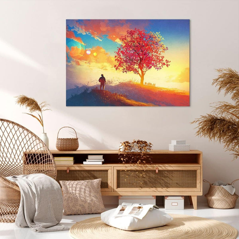 Bilder auf Leinwand 100x70cm Leinwandbild mit Rahmen Baum Wiese Feld Gross Wanddeko Bild Schlafzimme