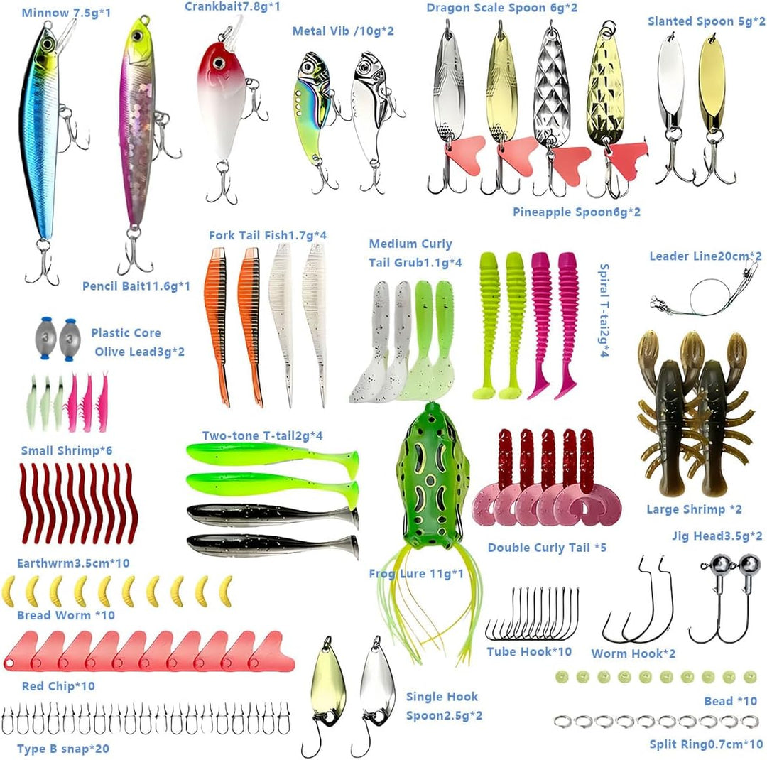 Angelköder Set mit 131 Teilen - Professionelles Angelzubehör mit Köderbox, Inkl. Gummifische, Spinne