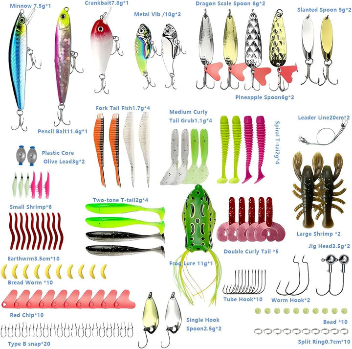 Angelköder Set mit 131 Teilen - Professionelles Angelzubehör mit Köderbox, Inkl. Gummifische, Spinne