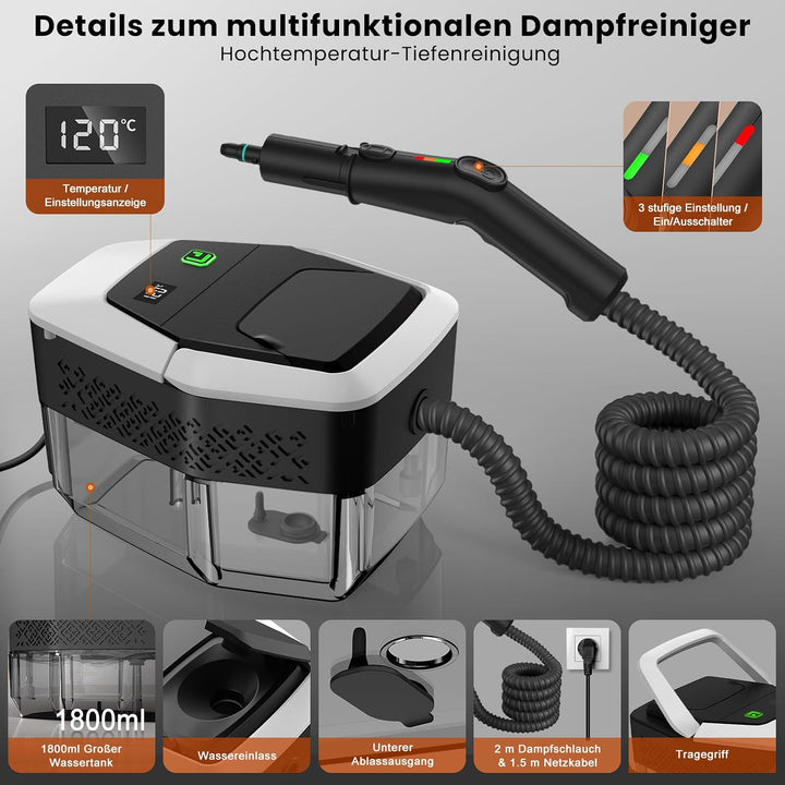 14 in 1 Dampfreiniger, 3 Stufig Einstellbarer Griff, Temperaturanzeige, 15 Sekunden Aufheizzeit, 1,8