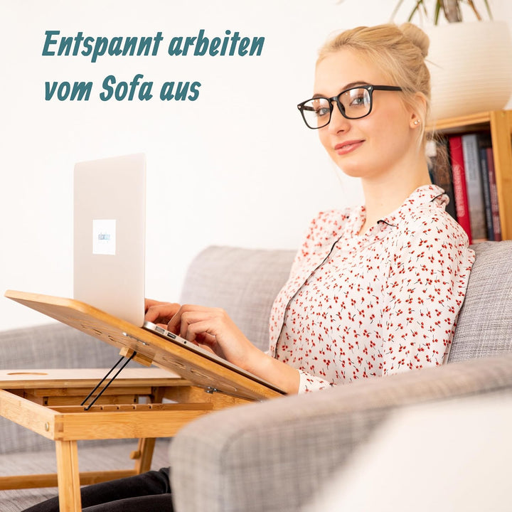 Relaxdays, Natur Höhenverstellbarer Laptoptisch fürs Bett, Bambus Notebooktisch m. Schublade, HxBxT: