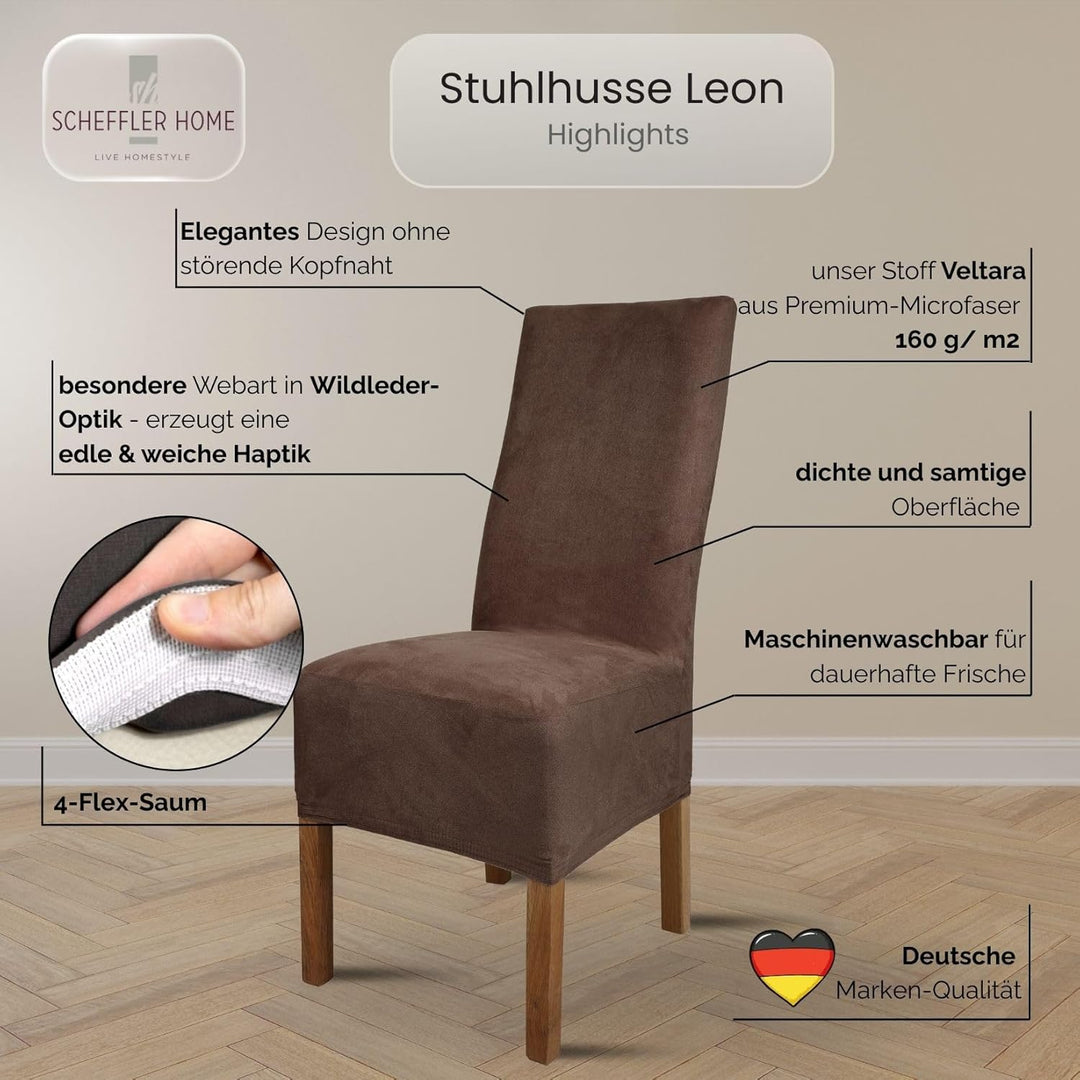SCHEFFLER-Home Stuhlhussen 6er Set Leon Braun/elastische Wildleder Hussen für Stühle/Robustes Freisc