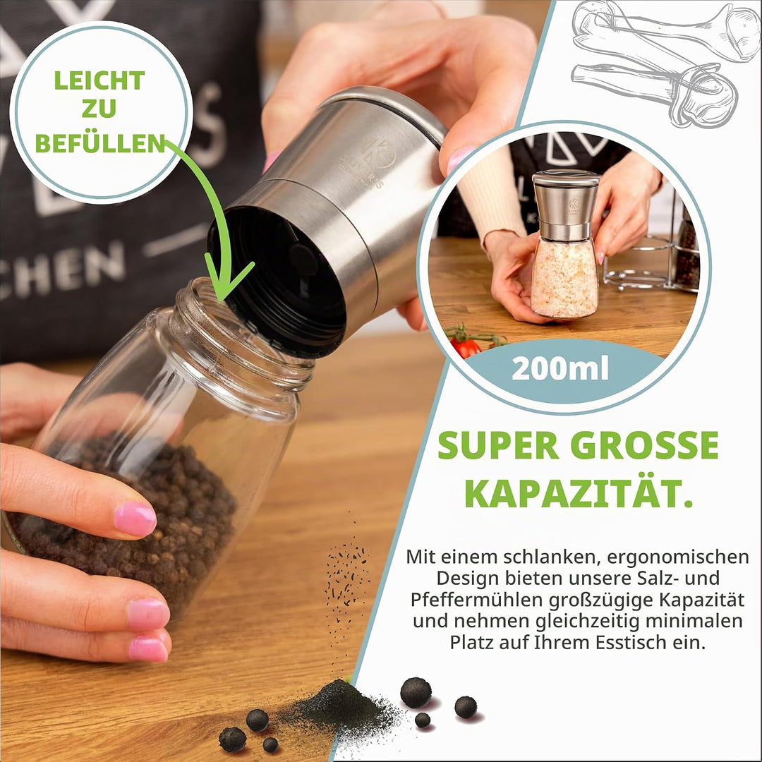Oliver's Kitchen ® Salz und Pfeffermühle - Premium Keramikmühlen 2 Stück – Einfach aufzufüllen – man