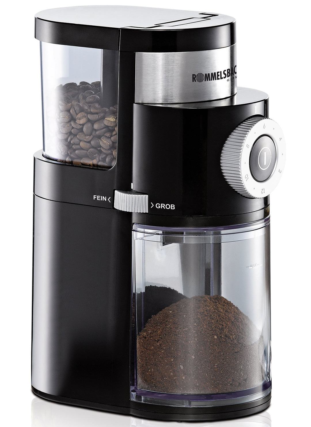 ROMMELSBACHER Kaffeemühle EKM 200 – aromaschonendes Scheibenmahlwerk, Mahlgrad einstellbar von grob